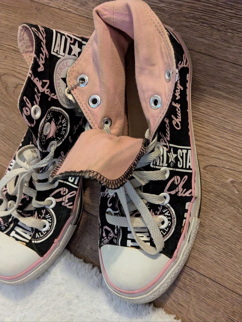 Converse  Black Canvas High Tops with Pink &White Accents